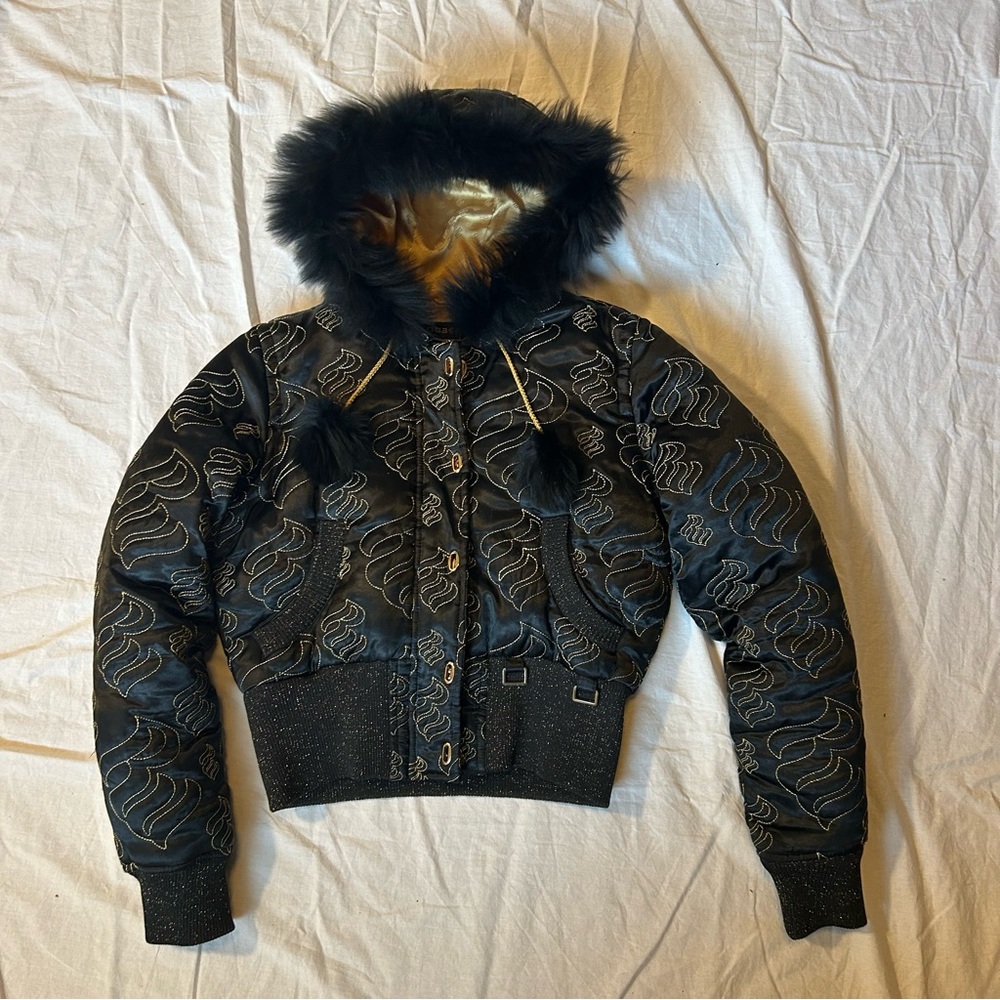 Rocawear Black and Gold Bomber Jacket with Faux Fur Hood